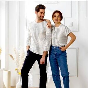 La Gentle Factory Jules Striped Long Sleeve White Rust Cotton Stretch Unisex